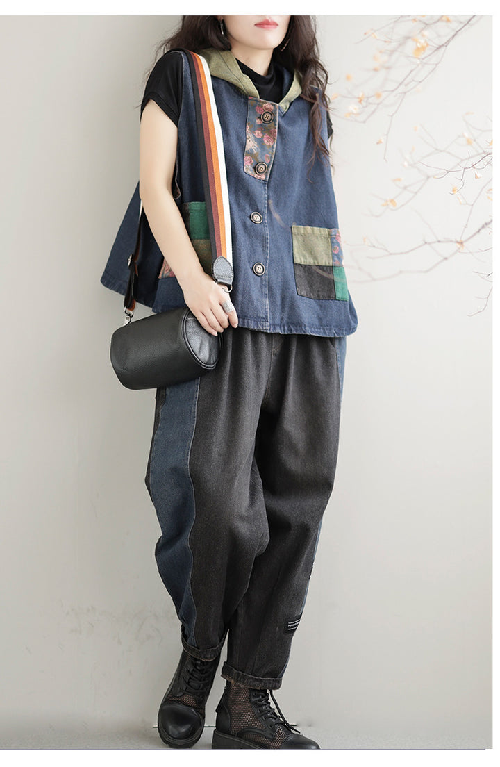 Women's Retro Loose Hooded Ethnic Style Stitching Patchwork Coat Vest-Womens 2024 March-Zishirts