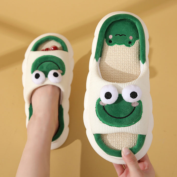 Cute Cartoon Cow Frog Slippers Linen Non-slip Shoes Indoor Garden Home Slippers-Womens Footwear-Zishirts