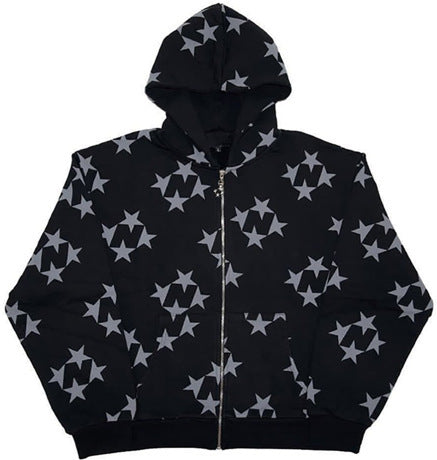 Stars Printed Zipper Hooded Cardigan Couple Fashion Outerwear Hoodies Sweatshirt Street Men Women Coat-Jackets-Zishirts