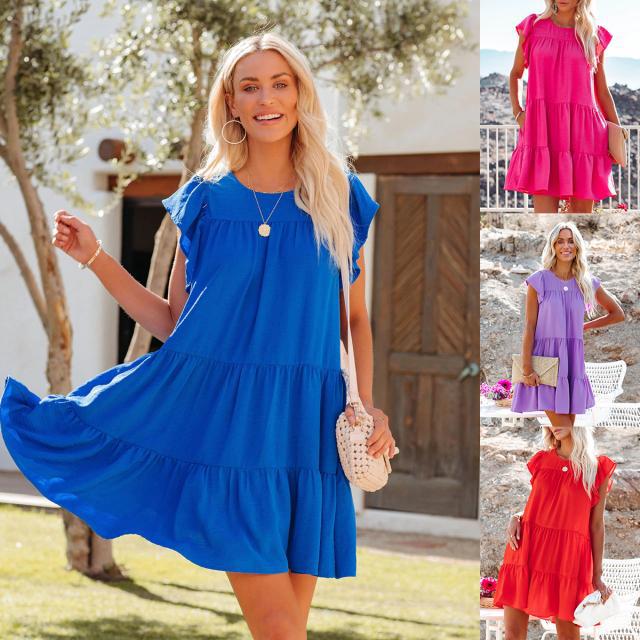 Solid Color Short Sleeve Dress-Lady Dresses-Zishirts