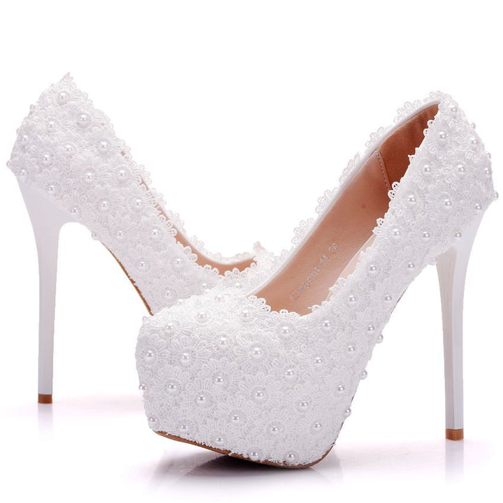 Large Size Waterproof Platform High Heel Round Toe Pearl Shoes-Womens Footwear-Zishirts