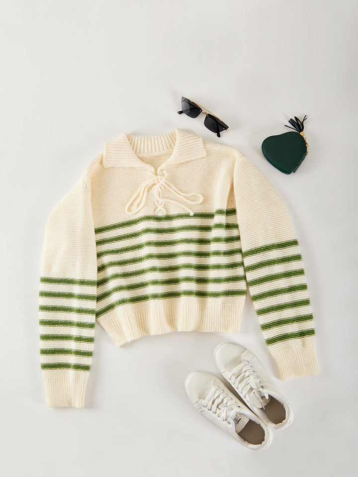 Women's Loose Casual Striped Lace-up Sweater-Sweaters-Zishirts