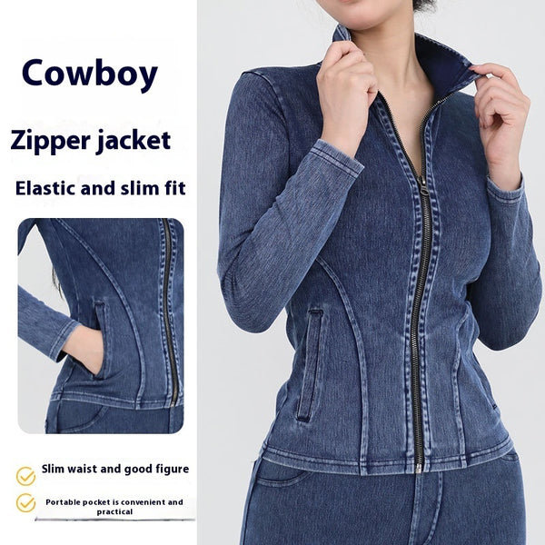 Slim Zippered Yoga Denim Jacket With Pockets High Collar Sports Fitness Outerwear Tops Coat For Women Clothing-Jackets-Zishirts