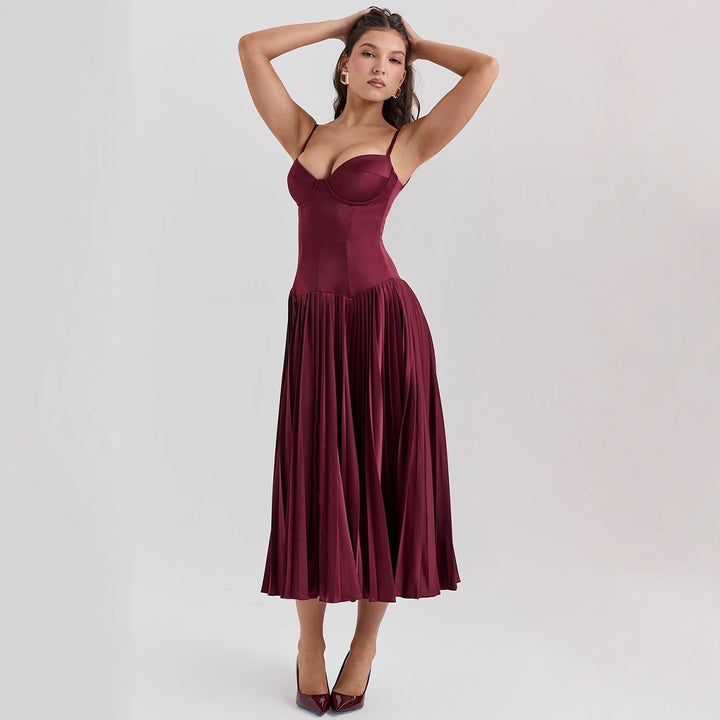 Spaghetti Straps Sleeveless Slim-fit Pleated Dress-Lady Dresses-Zishirts