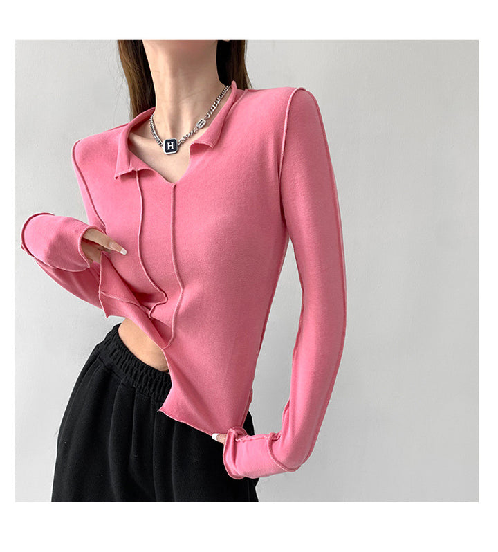 Women's Fashion Simple Solid Color Long Sleeve Bottoming Top-Blouses & Shirts-Zishirts