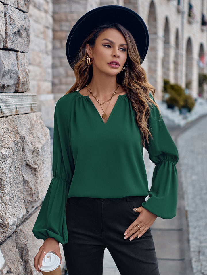 Solid Color And V-neck Loose Casual Women's Top-Blouses & Shirts-Zishirts