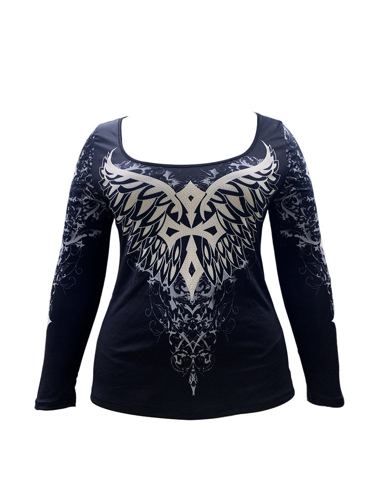 Women's Fashionable Temperament Flying Wings Printing Long Sleeve Square-neck Top-Blouses & Shirts-Zishirts