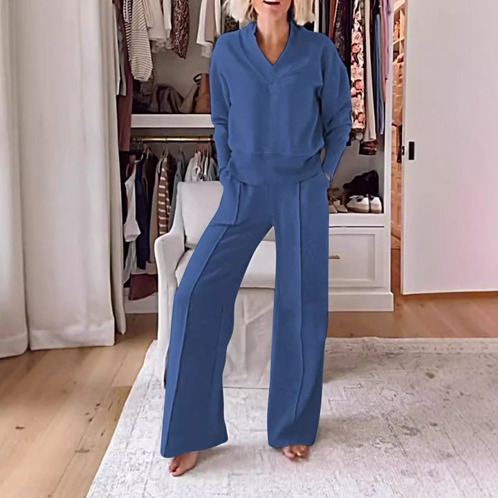 V-neck Long Sleeve Loose Top Wide Leg Pants Two-piece Set-Suits & Sets-Zishirts