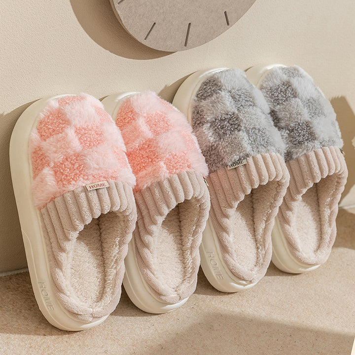 Plaid Plush Slippers Women's Indoor Plush Home Slippers Soft Sole Thick Non-Slip Warm House Shoes Couple Autumn And Winter-Womens Footwear-Zishirts