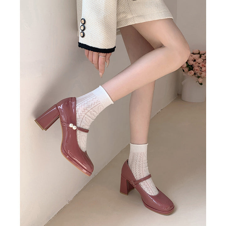 Square Toe Low-cut Retro Shoes French Chunky Heel High Heels-Womens Footwear-Zishirts