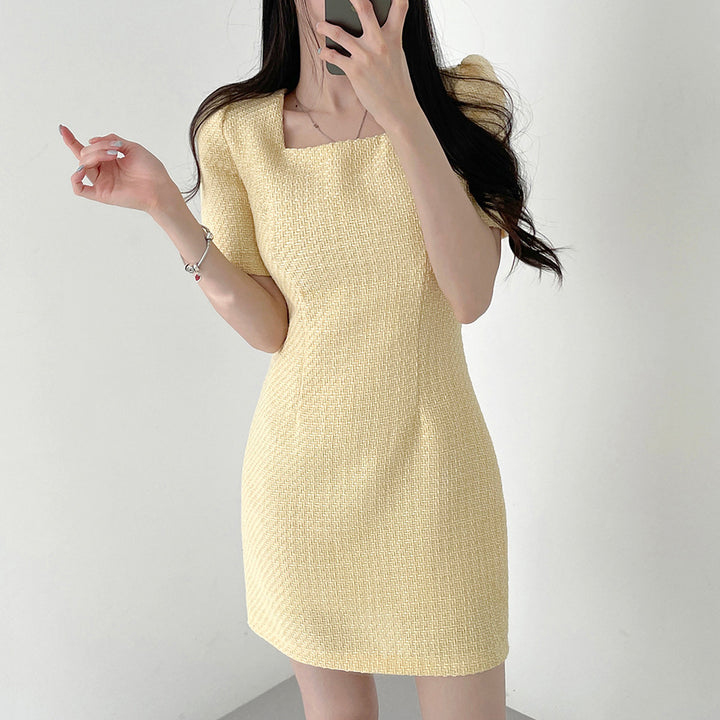 Classic Style Square Collar Short Sleeve Waist Slimming Square Collar Dress Women-Lady Dresses-Zishirts