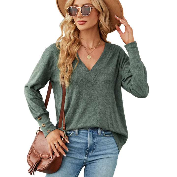 Solid Color And V-neck Loose Long Sleeve Button T-shirt Top-Blouses & Shirts-Zishirts