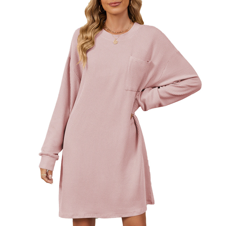 Round Neck Striped Pocket Loose Long Sleeve Dress-Lady Dresses-Zishirts