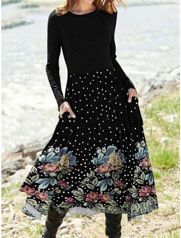 Popular Floral Print Pocket Round Neck Dress-Women's Outerwear 2023-Zishirts