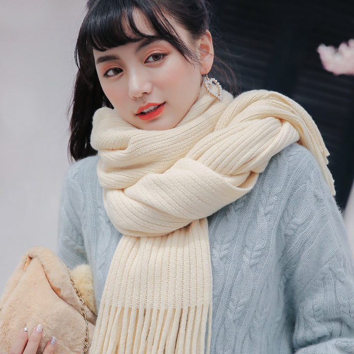 Thickened Warm Long Solid Color Tassel Knitted Wool Scarf-Scarves & Wraps-Zishirts