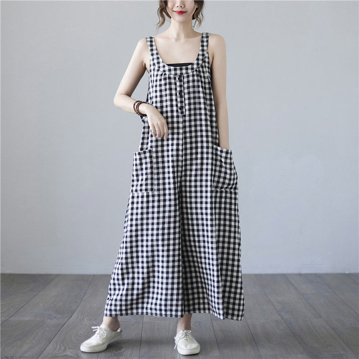 Summer Plus Size Female Artistic Plaid Cotton Linen Suspender Trousers-Womens 2024 March-Zishirts