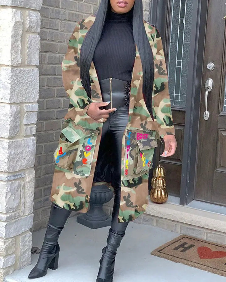 Long Casual Fashion European And American Camouflage Print Patch Coat Women-Jackets-Zishirts