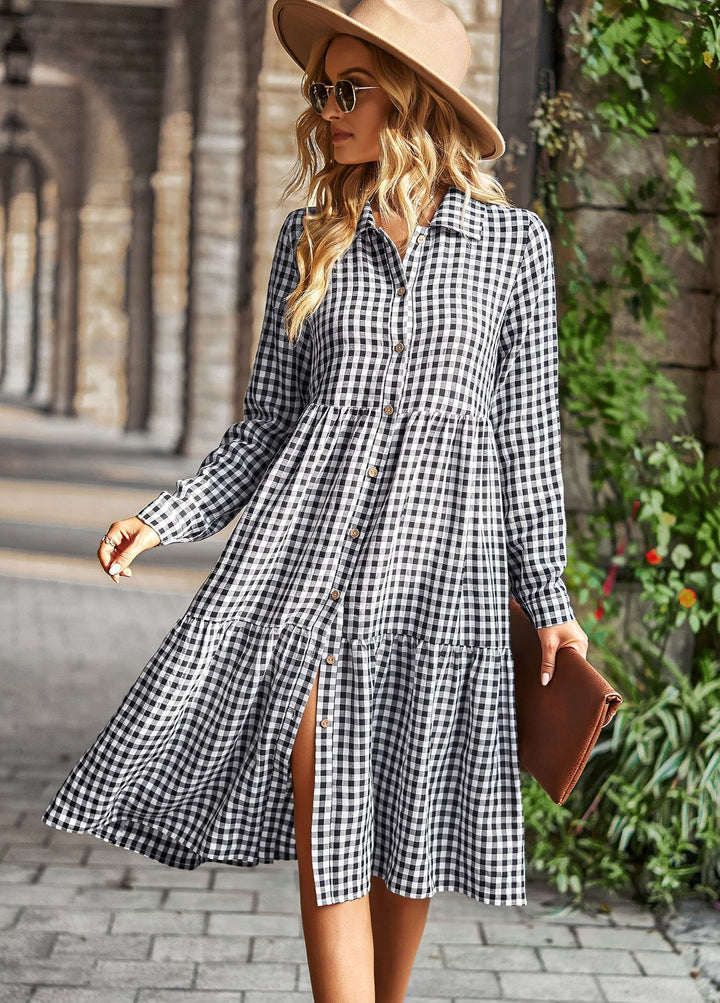 Wide Hem Long Sleeve Dress Plaid Casual Dress-Lady Dresses-Zishirts