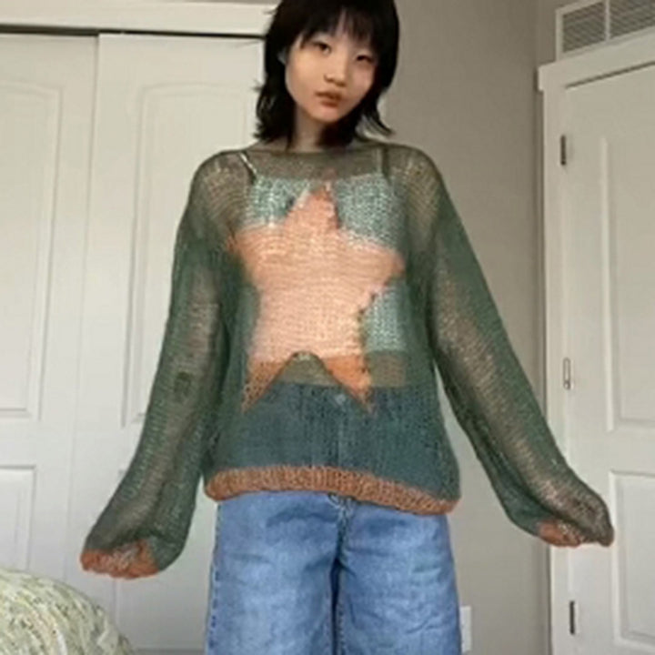 Round Neck Pullover Knit Haimao Star Sweater-Sweaters-Zishirts