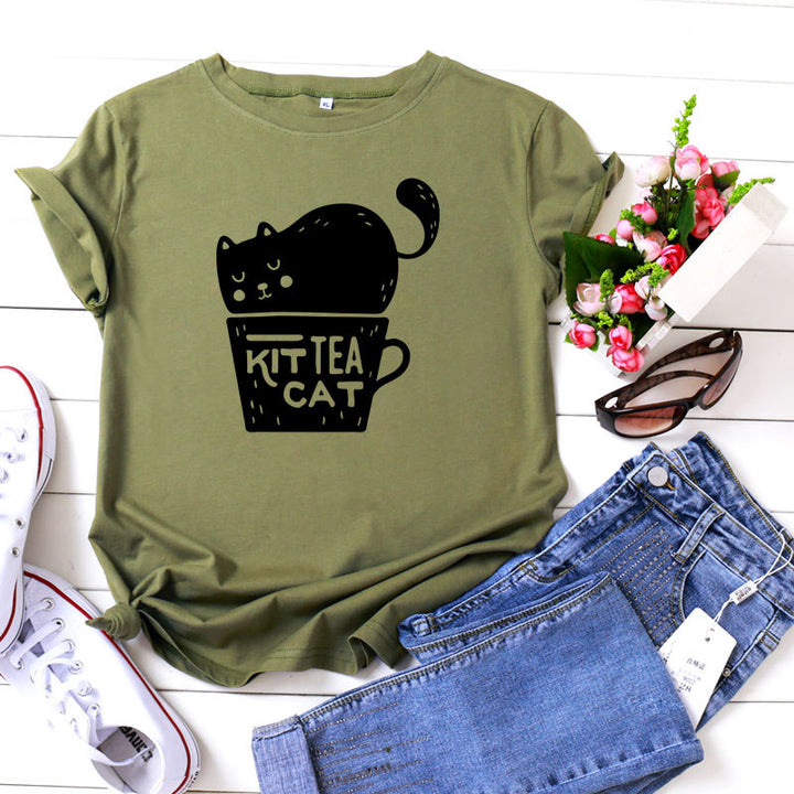 Casual KIT TEA CAT Printed Round Neck Plus Size Short Sleeve-Blouses & Shirts-Zishirts