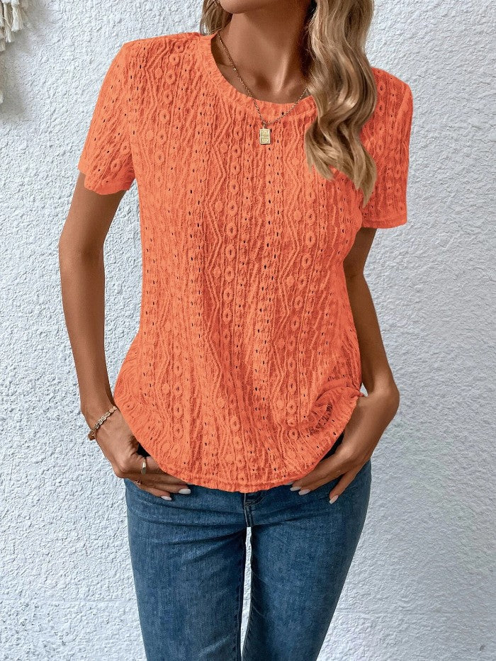 Hollowed Leisure Solid Color Round Neck T-shirt For Women-Blouses & Shirts-Zishirts