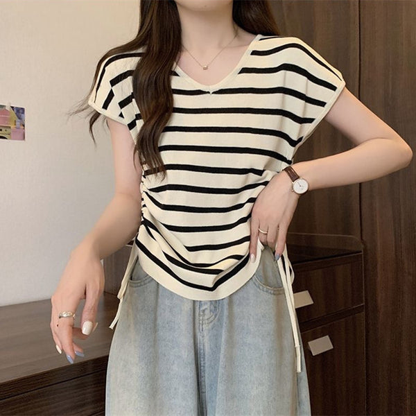 Summer Thin Striped Slim-fit All-matching Short Top For Women