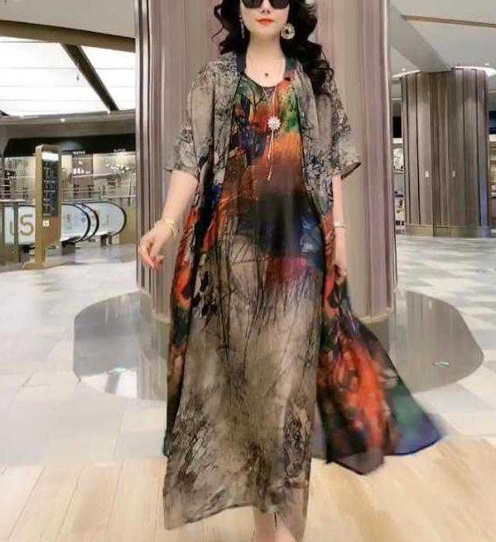 Cross-border New Arrival Artificial Silk Blended Dress Two-piece Loose Suit Printed Skirt-Womens 2024 March-Zishirts