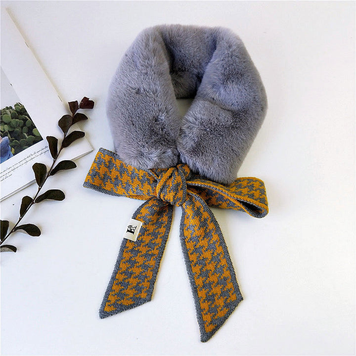 Houndstooth Fur Collar Scarf Women's Korean-style Plush Scarf Winter Warm Thickened Women's Scarf-Scarves & Wraps-Zishirts