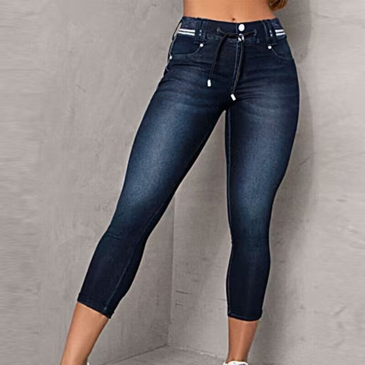 Striped Stitching Drawstring Tight Hip Raise Skinny Denim Ankle-length Pants-Woman Jeans-Zishirts