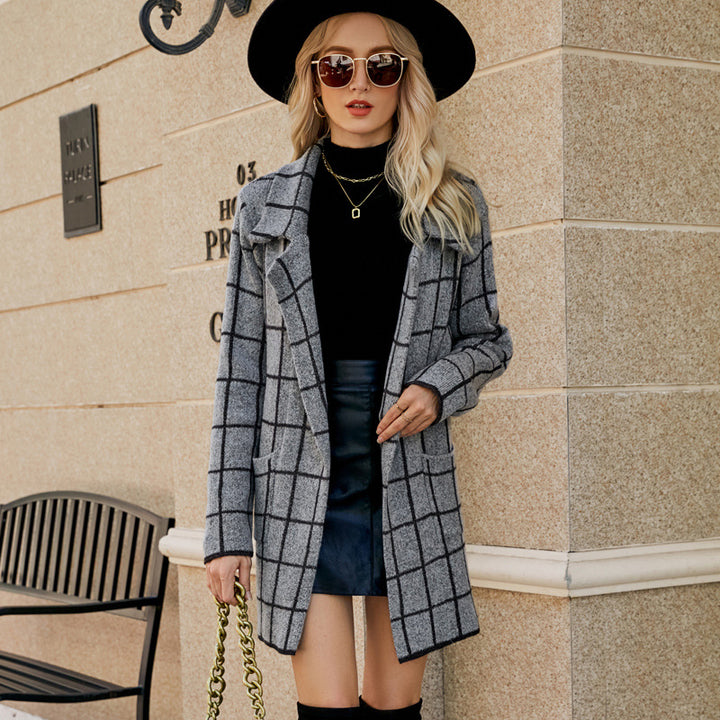 Long Sweater Contrast Houndstooth Knit Cardigan Trench Coat-Jackets-Zishirts