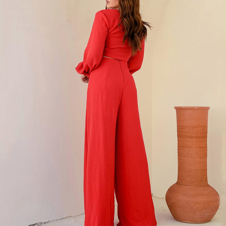 Women's Fashion V-neck Petal Sleeve Short Top Wide Leg Pants Suit-Suits & Sets-Zishirts