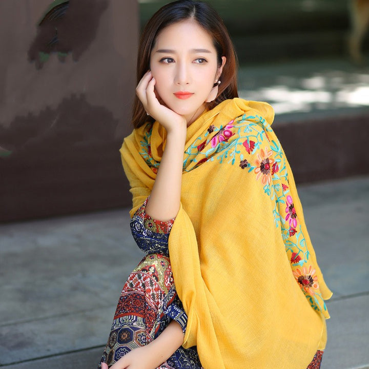 Ethnic Style Embroidered Floral Scarf Shawl Sunscreen Silk Female-Scarves & Wraps-Zishirts