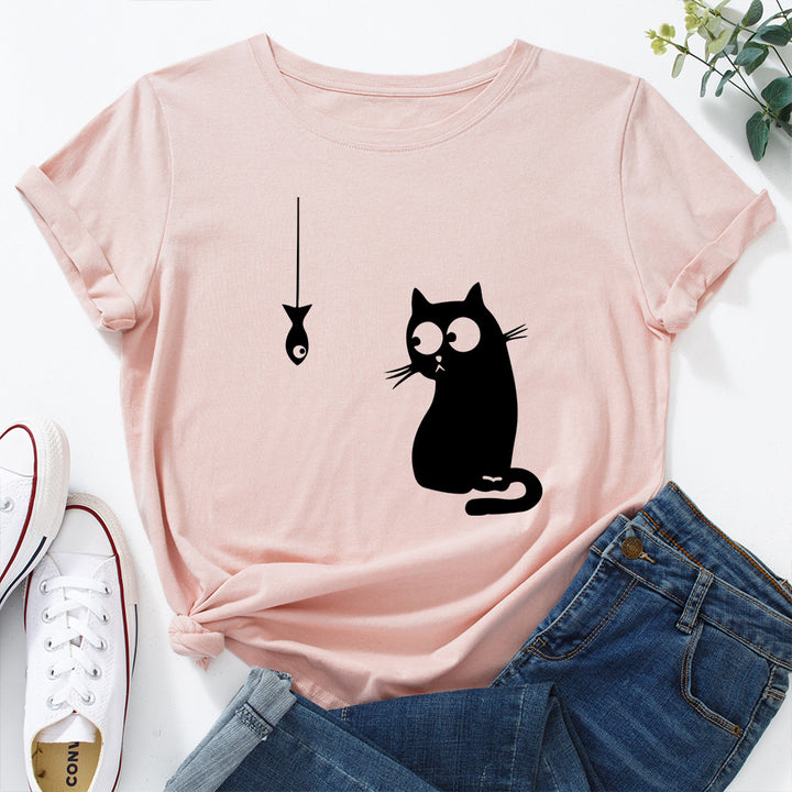 Women's Cute Cat Loose Round Neck Cotton Short Sleeve-Women's Outerwear 2023-Zishirts