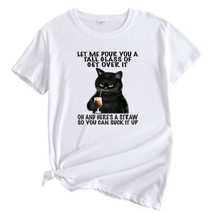 Plus Size Cat Printing Cotton Round Neck Short Sleeve-Blouses & Shirts-Zishirts