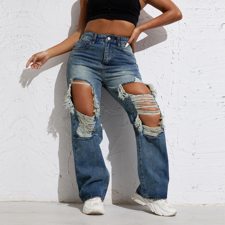 Shascullfites Melody Blue Wash Ripped Retro Stright Leg Jeans Women's Pants Denim Pants Jeans Wide Streetwear-Woman Jeans-Zishirts