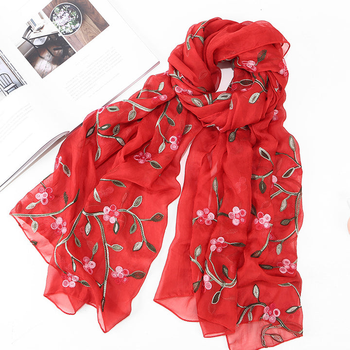 Women's Chiffon Flower Embroidered Silk Scarf Beach Shawl-Scarves & Wraps-Zishirts