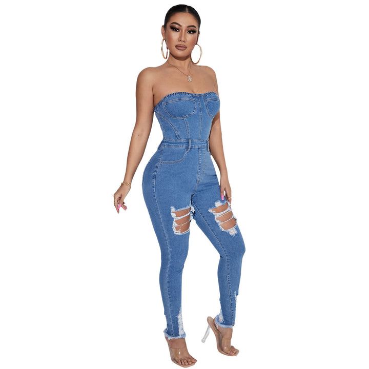 Women's Tube Top Slim Fit Denim Jumpsuit-Women's Outerwear 2023-Zishirts