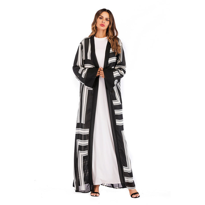 Muslim Stripe Loose Lace Cardigan Robe Female-Jackets-Zishirts