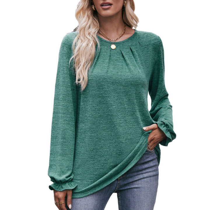 Autumn Women's Casual Round Neck Pleated Brushed T-shirt Long Sleeve Top-Blouses & Shirts-Zishirts