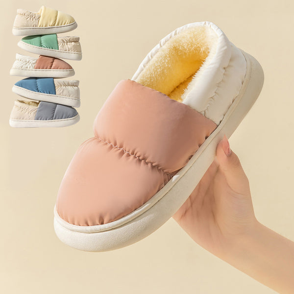 Winter Thickened Warm Cotton Shoes With Back Heel Mixed-color Down Cloth Slipper For Couple Garden Outdoor Indoor Floor Home Slippers Women-Womens Footwear-Zishirts