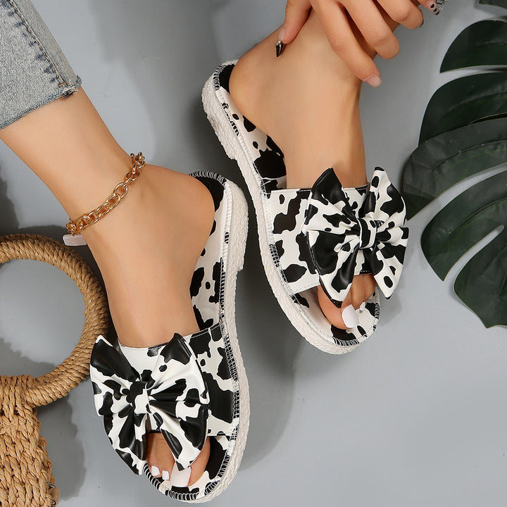 Women's Fashion Personality Cows Pattern Bow Outer Wear Flat Slippers-Womens Footwear-Zishirts