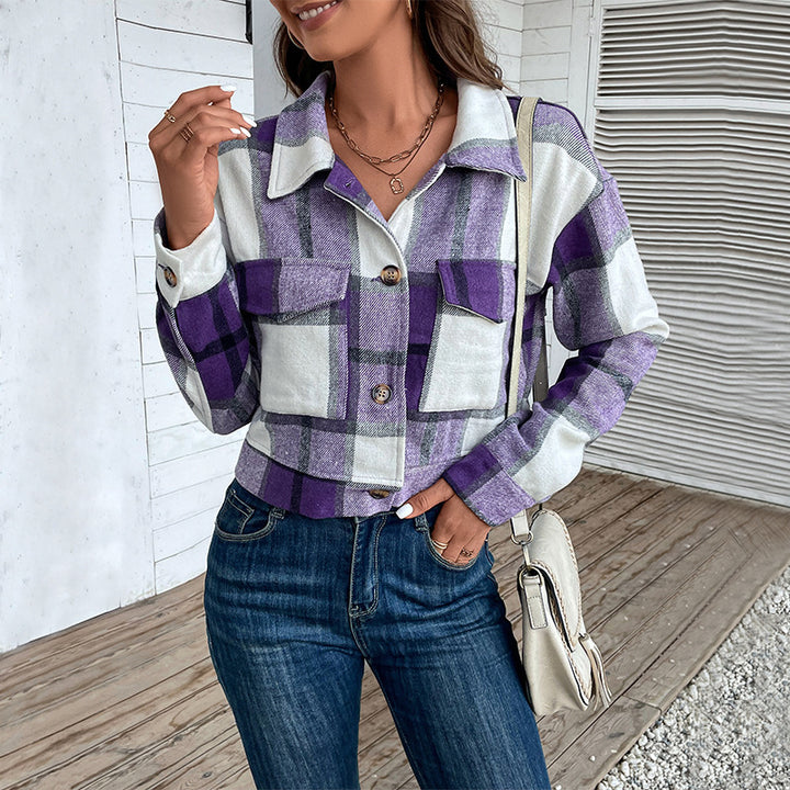 Plaid Lapel Cropped Jacket With Pockets Fashion Button Long Sleeve Short Outwear Tops Coat For Womens Clothing-Jackets-Zishirts