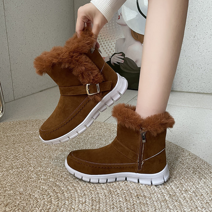 New Snow Boots Winter Warm Thickened Solid Color Plush Ankle Boots With Buckle Design Plus Velvet Flat Shoes For Women-Womens 2024 March-Zishirts