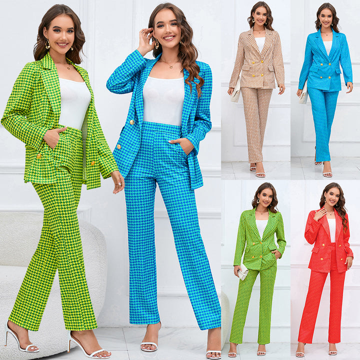 Women's Fashion Houndstooth Double Breasted Blazer Slim-fit Straight Trousers Suit-Suits & Sets-Zishirts