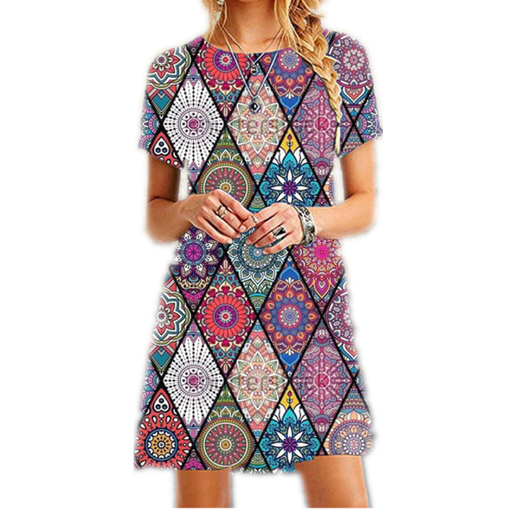 Summer New Round Neck Printed Casual Ultra-short Dress-Lady Dresses-Zishirts