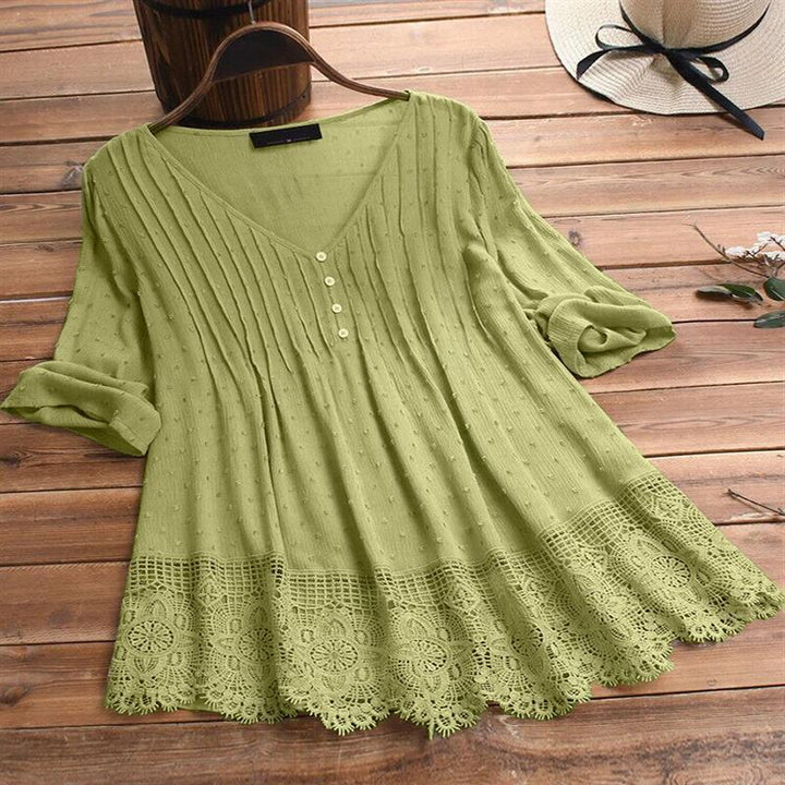 Women's Jacquard Pleated Lace Hollow Out V-neck Shirt-Womens 2024 March-Zishirts