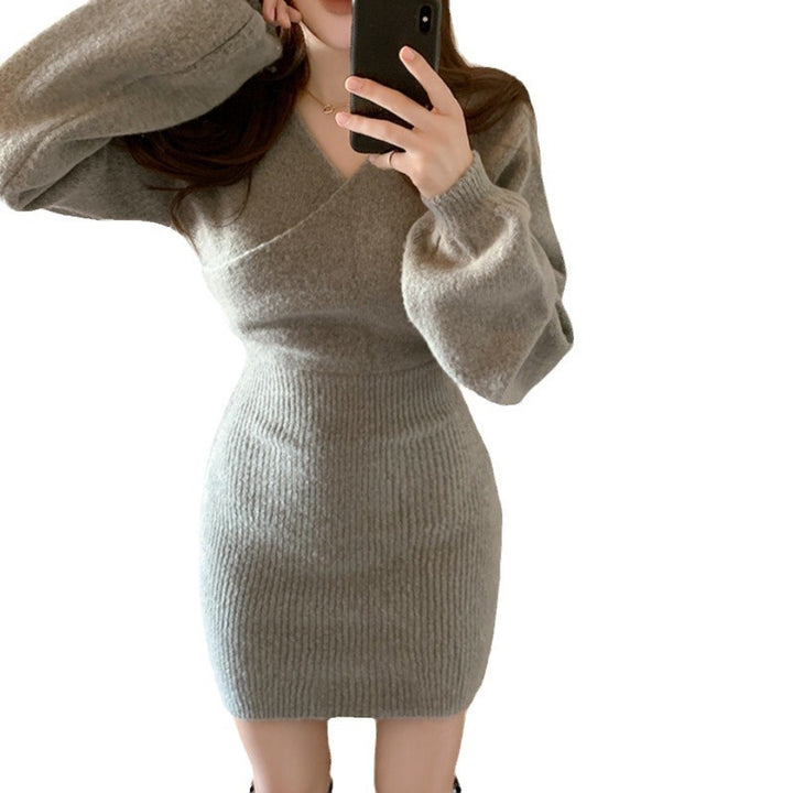 Cross V-neck Hip Women's Knitted Dress Sweater-Lady Dresses-Zishirts