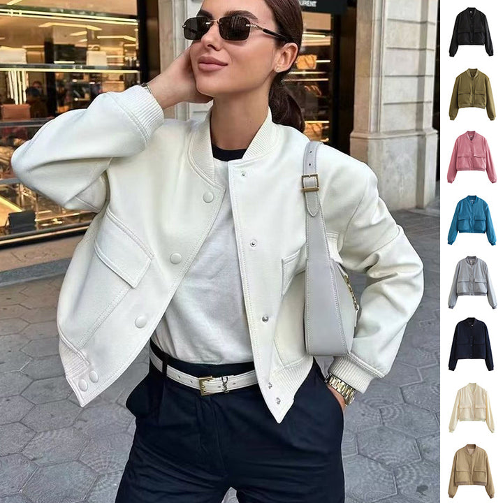 Casual Single-breasted Stand Collar Short Jacket With Pockets Fashion Long Sleeve Outwear Tops Coat For Womens Clothing-Jackets-Zishirts