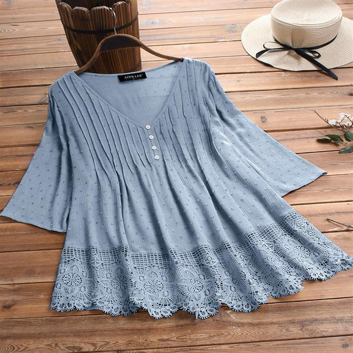 Women's Jacquard Pleated Lace Hollow Out V-neck Shirt-Womens 2024 March-Zishirts