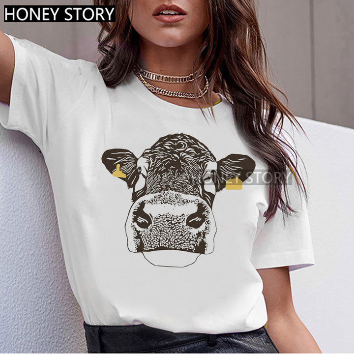 T-shirt Animal Cute Pattern Round Neck White Short-sleeve Top-Women's Outerwear 2023-Zishirts